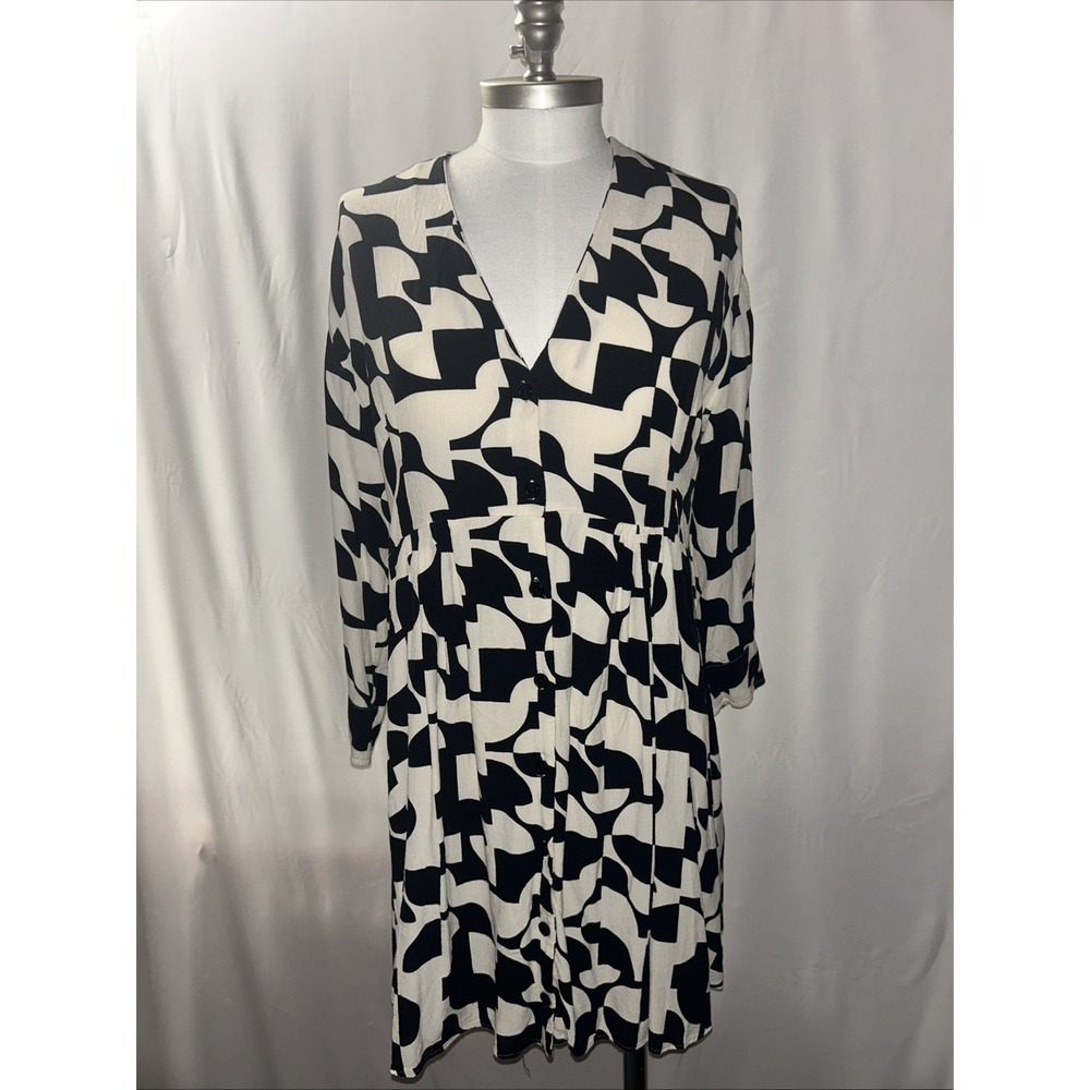 Zara Mini Dress Womens Medium Flounce Hem Pleated Mini Button Front Retro Black